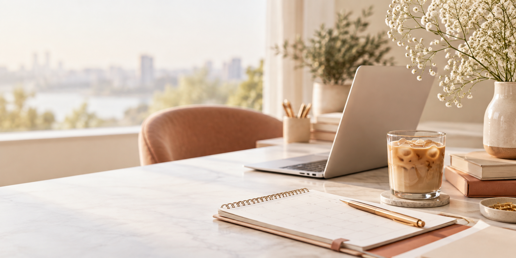 Escritorio de estrategia con computadora, agenda y café